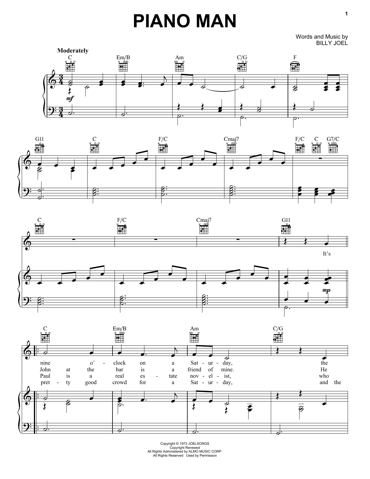 Billy Joel Piano Man Sheet Music Notes Easy Piano Download Pdf
