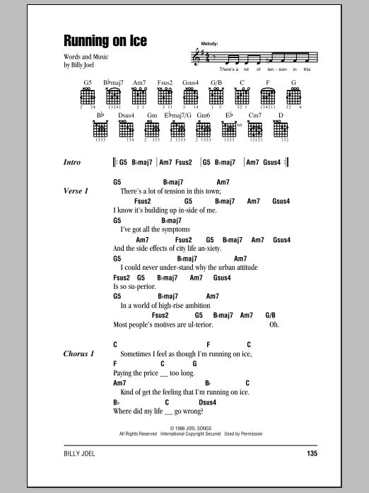 Learn to play Billy Joel Running On Ice sheet music for Lead Sheet / Fake Book in minutes. Billy Joel Running On Ice sheet music notes and chords. Download Printable PDF.