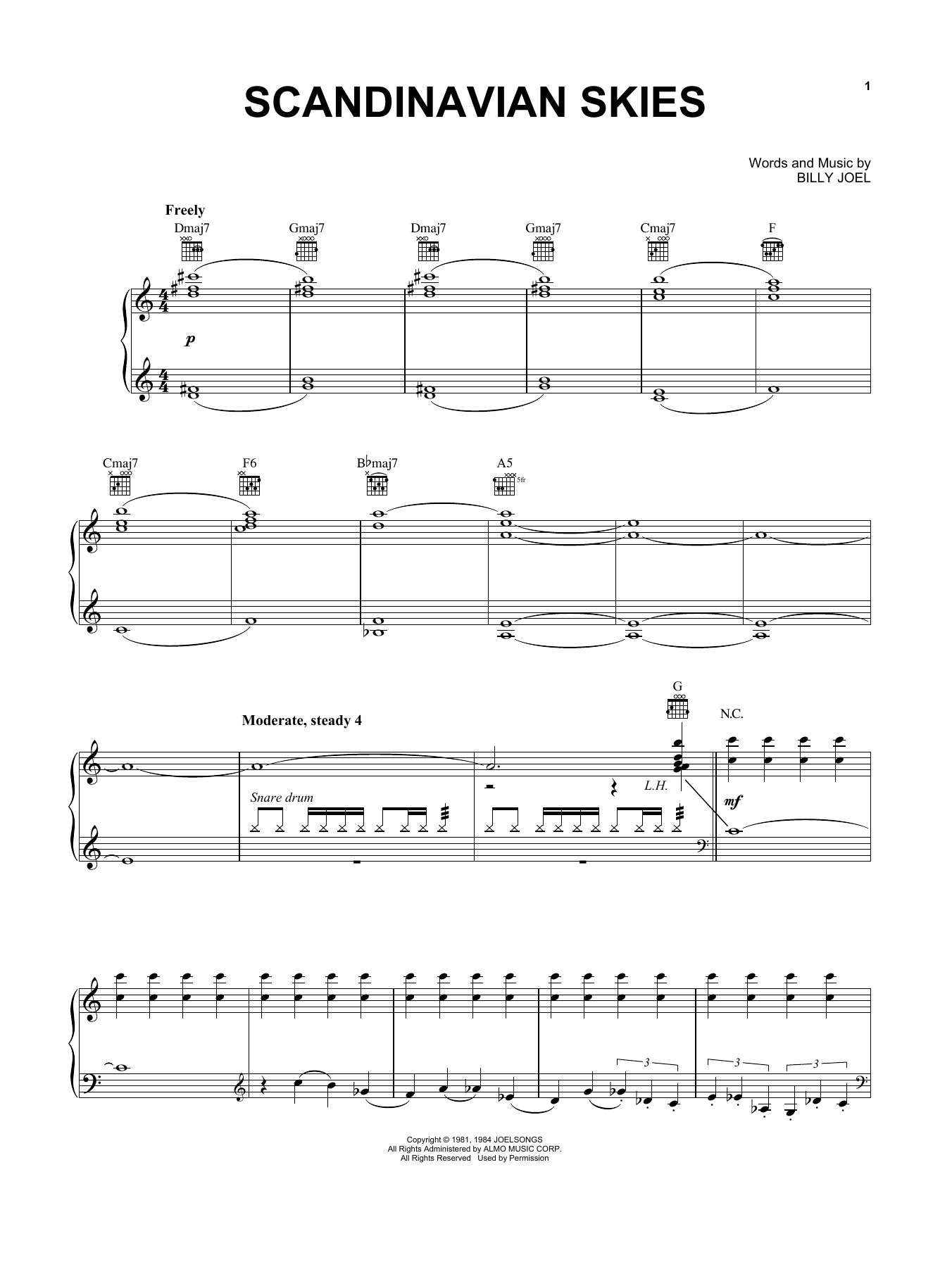 Billy Joel Scandinavian Skies sheet music notes and chords. Download Printable PDF.