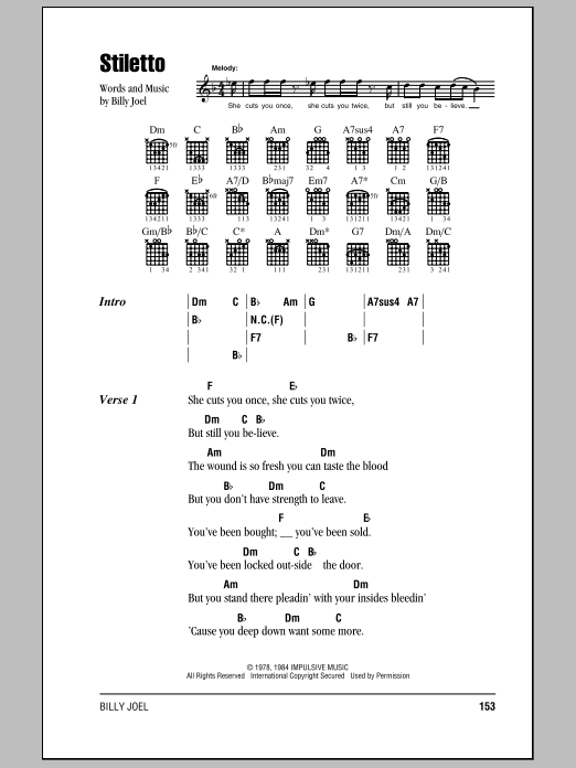 Learn to play Billy Joel Stiletto sheet music for Piano, Vocal & Guitar (Right-Hand Melody) in minutes. Billy Joel Stiletto sheet music notes and chords. Download Printable PDF.