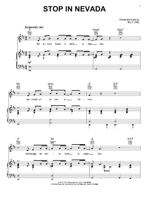 Billy Joel Stop In Nevada sheet music notes and chords. Download Printable PDF.