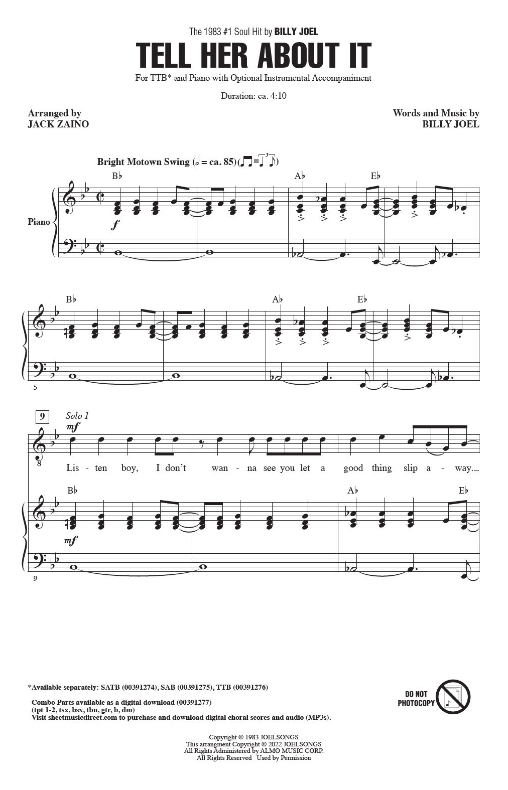 Billy Joel Tell Her About It (arr. Jack Zaino) sheet music notes and chords. Download Printable PDF.