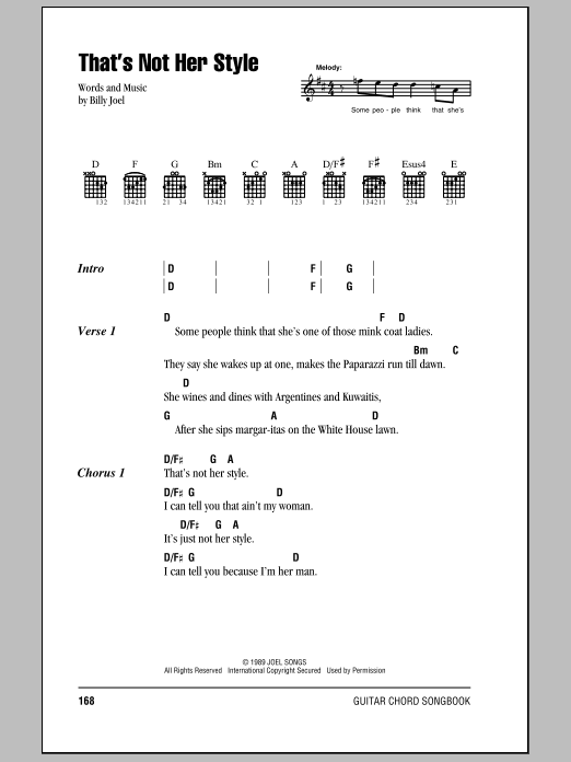 Learn to play Billy Joel That's Not Her Style sheet music for Piano, Vocal & Guitar Chords (Right-Hand Melody) in minutes. Price: 7.8900$ Billy Joel That's Not Her Style sheet music notes and chords arranged for Piano, Vocal & Guitar Chords (Right-Hand Melody)