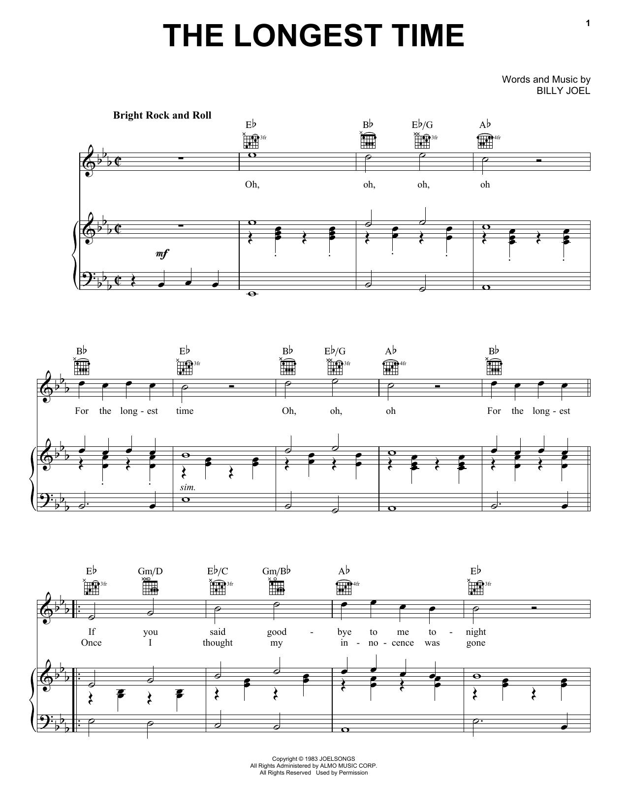 Billy Joel "The Longest Time" Sheet PDF Notes, Chords | Rock Score Guitar Chords/Lyrics Download Printable. SKU: 79575