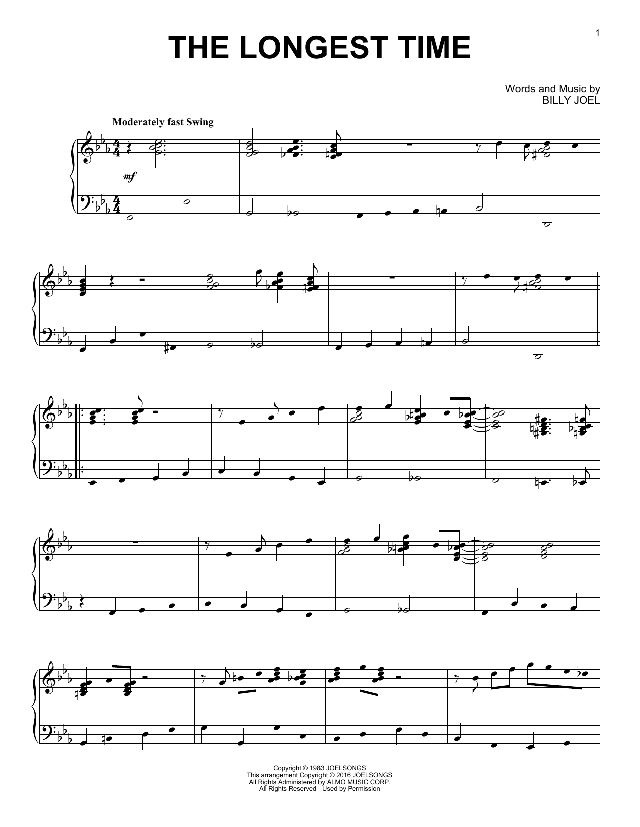 Billy Joel "The Longest Time [Jazz Sheet Music PDF Notes, Chords | Pop Score Piano Solo Download Printable. SKU: 164368