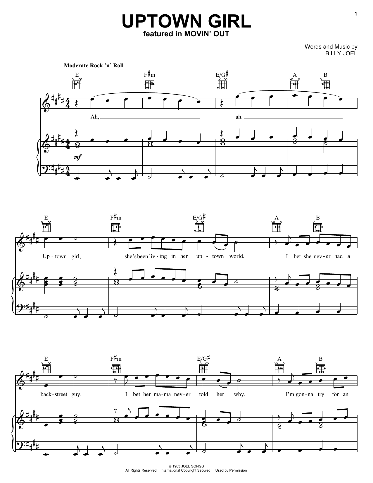 Billy Joel Uptown Girl sheet music notes and chords. Download Printable PDF.