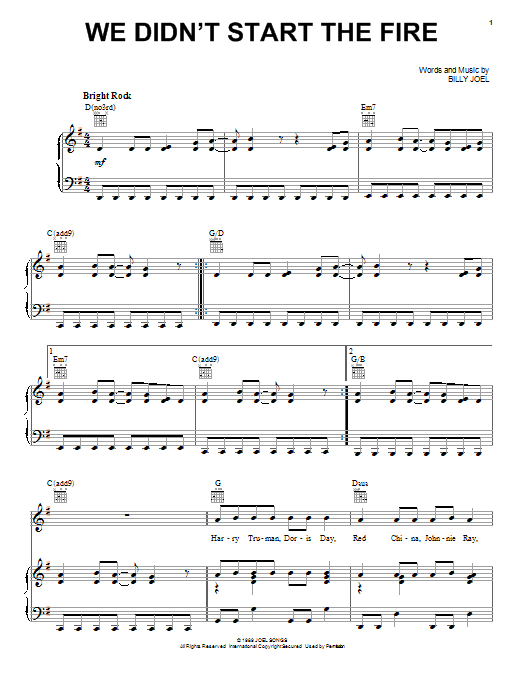 Billy Joel We Didn't Start The Fire sheet music notes and chords. Download Printable PDF.
