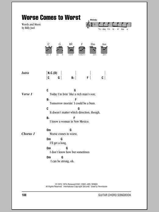 Learn to play Billy Joel Worse Comes To Worst sheet music for Piano Chords/Lyrics in minutes. Price: 3.9900$ Billy Joel Worse Comes To Worst sheet music notes and chords arranged for Piano Chords/Lyrics