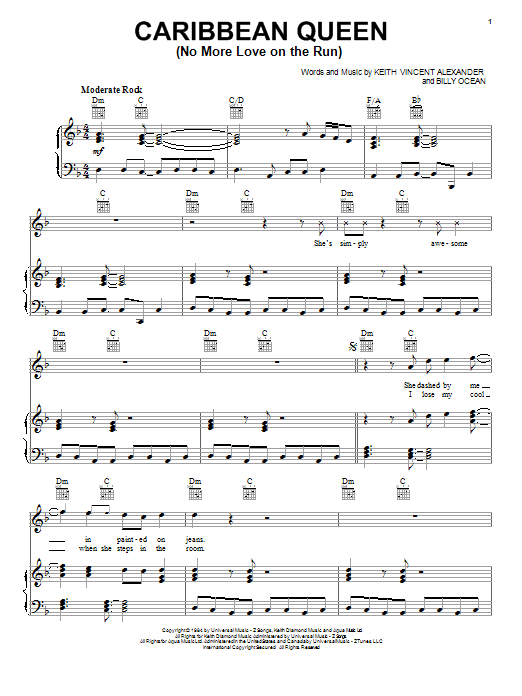 Billy Ocean Caribbean Queen (No More Love On The Run) sheet music notes and chords. Download Printable PDF.