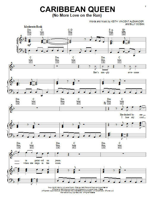 Learn to play Billy Ocean Caribbean Queen (No More Love On The Run) sheet music for Lead Sheet / Fake Book in minutes. Price: 5.9900$ Billy Ocean Caribbean Queen (No More Love On The Run) sheet music notes and chords arranged for Lead Sheet / Fake Book