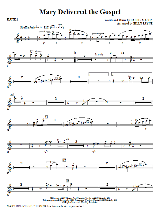 Learn to play Billy Payne Mary Delivered The Gospel - Flute 2 sheet music for Choir Instrumental Pak in minutes. Billy Payne Mary Delivered The Gospel - Flute 2 sheet music notes and chords. Download Printable PDF.