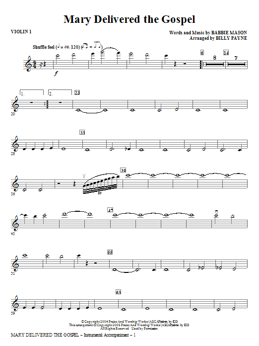 Learn to play Billy Payne Mary Delivered The Gospel - Violin 1 sheet music for Choir Instrumental Pak in minutes. Billy Payne Mary Delivered The Gospel - Violin 1 sheet music notes and chords. Download Printable PDF.