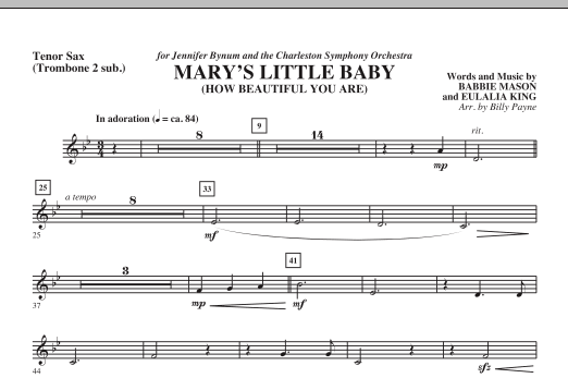 Learn to play Billy Payne Mary's Little Baby - Tenor Sax (Trombone 2 sub.) sheet music for Choir Instrumental Pak in minutes. Billy Payne Mary's Little Baby - Tenor Sax (Trombone 2 sub.) sheet music notes and chords. Download Printable PDF.