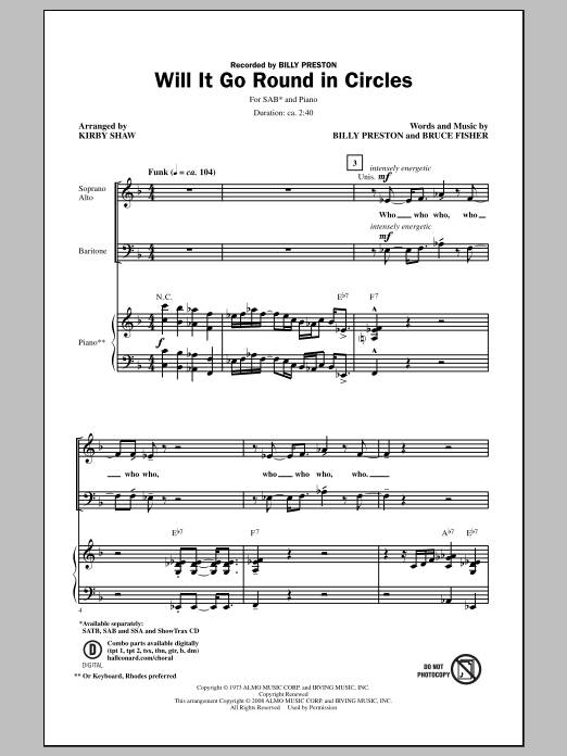 Learn to play Billy Preston Will It Go Round In Circles (arr. Kirby Shaw) sheet music for SATB Choir in minutes. Billy Preston Will It Go Round In Circles (arr. Kirby Shaw) sheet music notes and chords. Download Printable PDF.