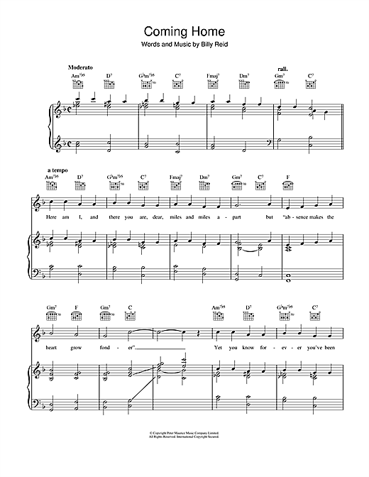 Billy Reid Coming Home sheet music notes and chords. Download Printable PDF.