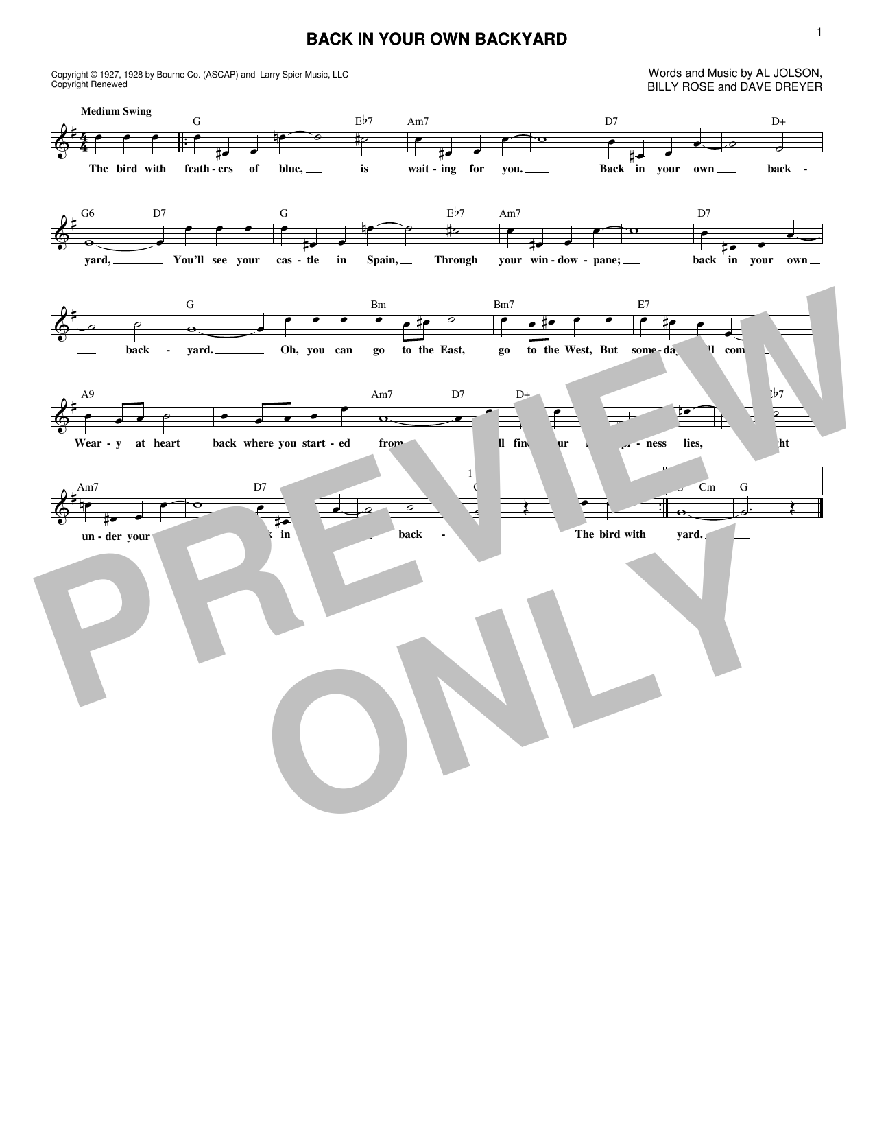 Billy Rose Back In Your Own Backyard Sheet Music Pdf Notes Chords Standards Score Piano Vocal Guitar Right Hand Melody Download Printable Sku 250794