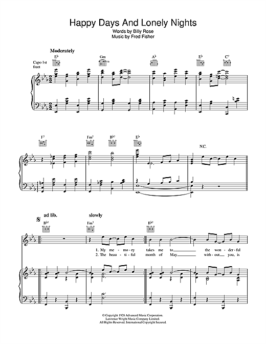 Learn to play Billy Rose Happy Days And Lonely Nights sheet music for Piano, Vocal & Guitar (Right-Hand Melody) in minutes. Billy Rose Happy Days And Lonely Nights sheet music notes and chords. Download Printable PDF.