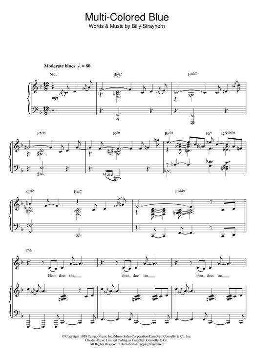 Learn to play Billy Strayhorn Multi-Colored Blue sheet music for Piano, Vocal & Guitar in minutes. Billy Strayhorn Multi-Colored Blue sheet music notes and chords. Download Printable PDF.