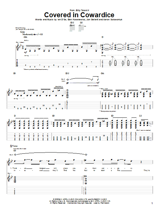 Billy Talent Covered In Cowardice sheet music notes and chords. Download Printable PDF.