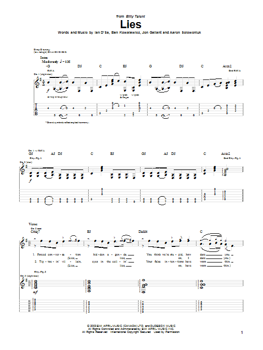 Billy Talent Lies sheet music notes and chords. Download Printable PDF.