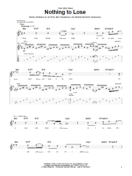 Billy Talent Nothing To Lose sheet music notes and chords. Download Printable PDF.