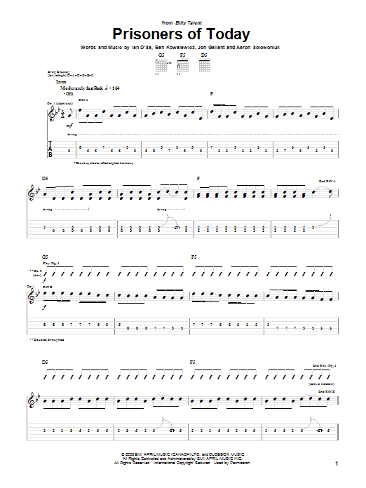 Billy Talent Prisoners Of Today sheet music notes and chords. Download Printable PDF.