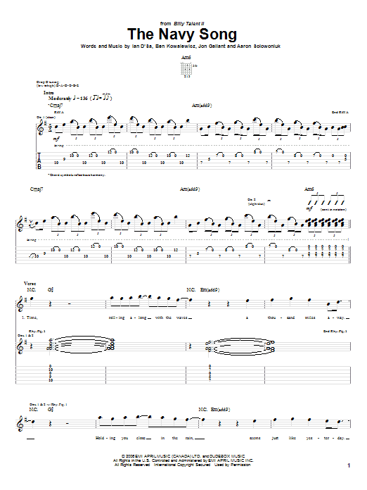 Billy Talent The Navy Song sheet music notes and chords. Download Printable PDF.