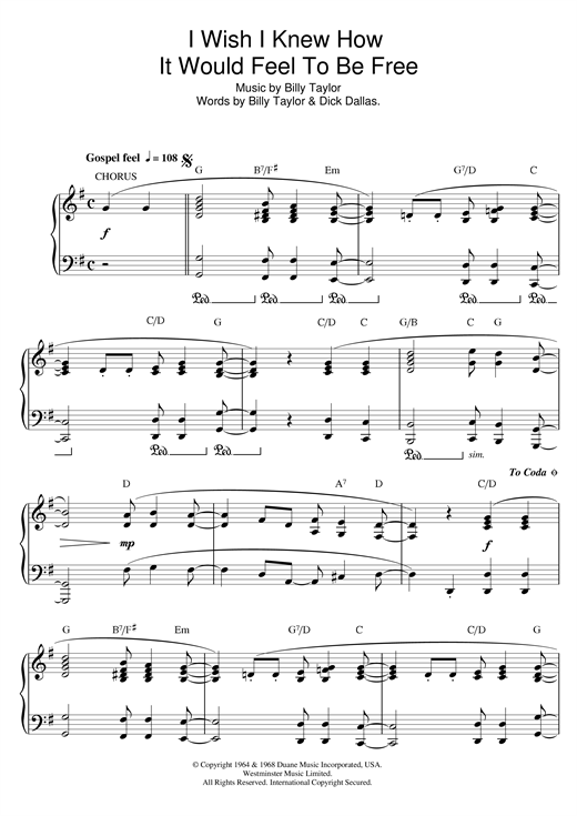 Billy Taylor I Wish I Knew How It Would Feel To Be Free sheet music notes and chords. Download Printable PDF.