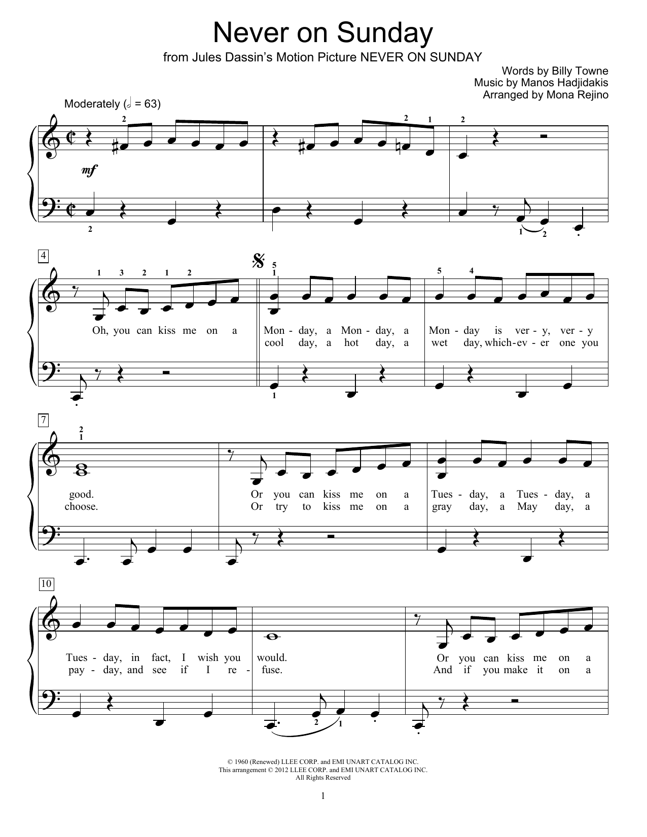 Billy Towne Never On Sunday sheet music notes and chords. Download Printable PDF.