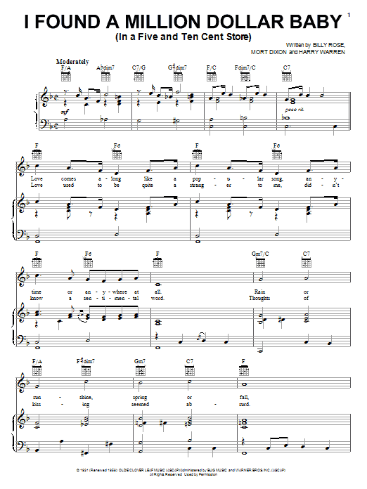 Learn to play Bing Crosby I Found A Million Dollar Baby (In A Five And Ten Cent Store) sheet music for Piano, Vocal & Guitar (Right-Hand Melody) in minutes. Bing Crosby I Found A Million Dollar Baby (In A Five And Ten Cent Store) sheet music notes and chords. Download Printable PDF.