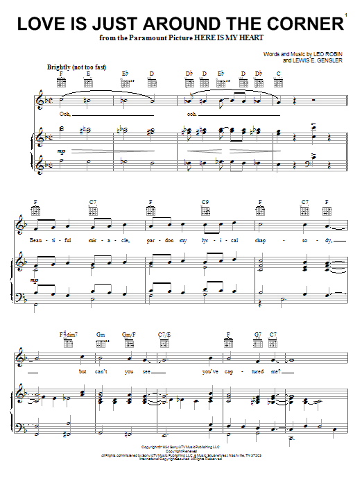 Learn to play Bing Crosby Love Is Just Around The Corner sheet music for Piano, Vocal & Guitar (Right-Hand Melody) in minutes. Bing Crosby Love Is Just Around The Corner sheet music notes and chords. Download Printable PDF.