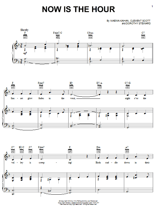 Learn to play Bing Crosby Now Is The Hour (Maori Farewell Song) sheet music for Piano, Vocal & Guitar (Right-Hand Melody) in minutes. Bing Crosby Now Is The Hour (Maori Farewell Song) sheet music notes and chords. Download Printable PDF.