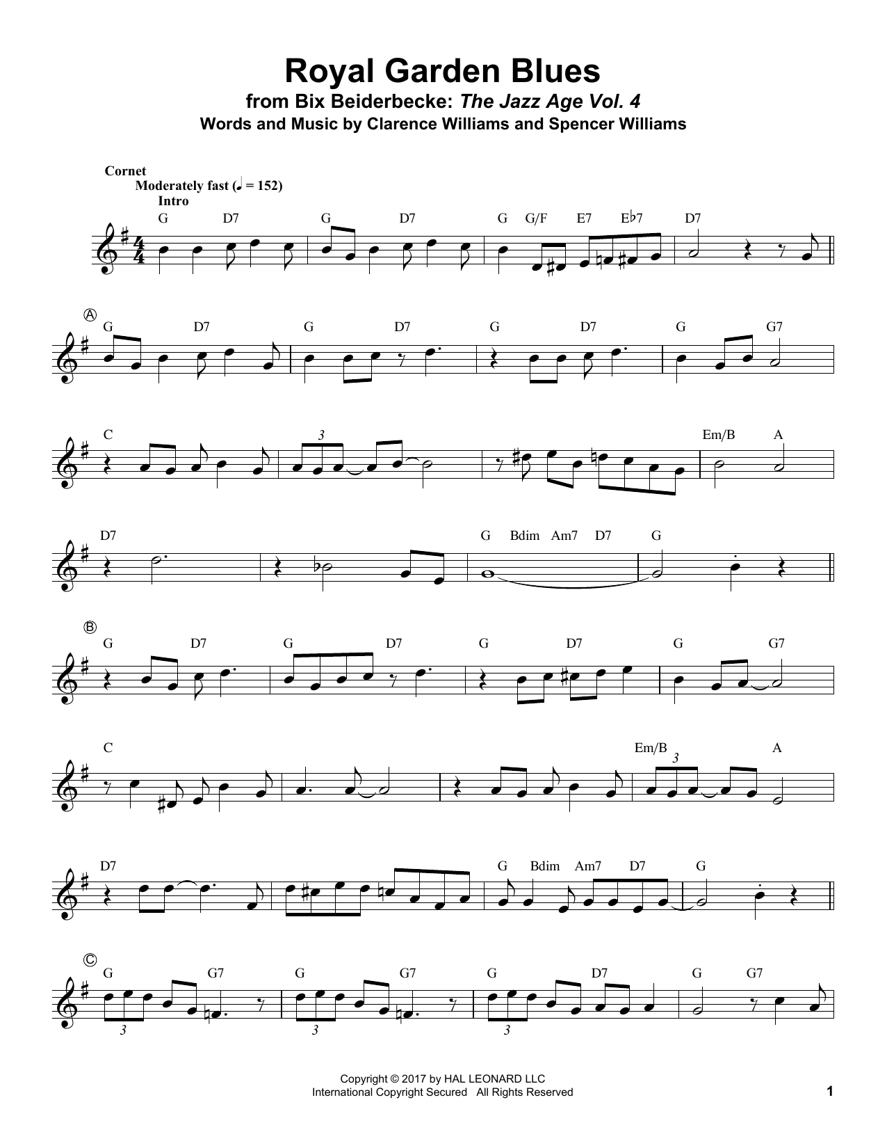 Bix Beiderbecke Royal Garden Blues sheet music notes and chords. Download Printable PDF.