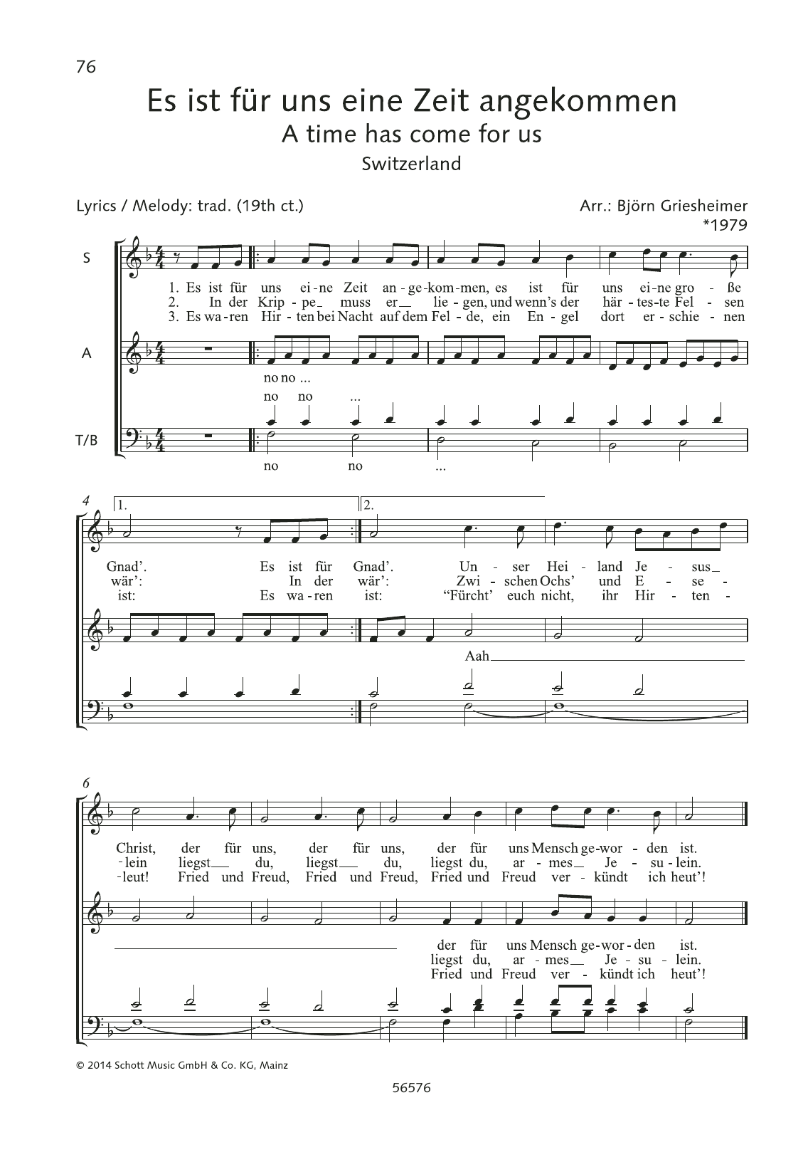 Learn to play Björn Griesheimer Es ist fur uns eine Zeit angekommen sheet music for SATB Choir in minutes. Price: 3.9900$ Björn Griesheimer Es ist fur uns eine Zeit angekommen sheet music notes and chords arranged for SATB Choir