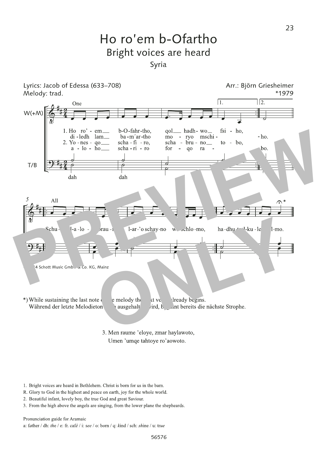 Learn to play Bjorn Griesheimer Ho ro'em b-Ofartho sheet music for 3-Part Mixed Choir in minutes. Price: 3.9900$ Bjorn Griesheimer Ho ro'em b-Ofartho sheet music notes and chords arranged for 3-Part Mixed Choir