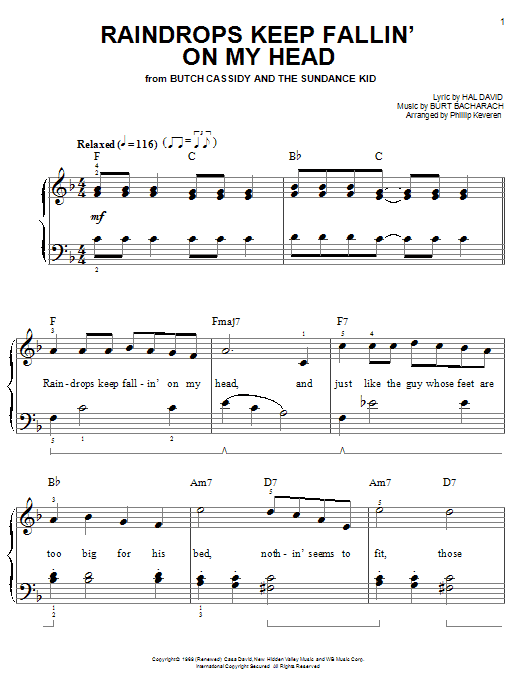 B.J. Thomas Raindrops Keep Fallin' On My Head sheet music notes and chords. Download Printable PDF.