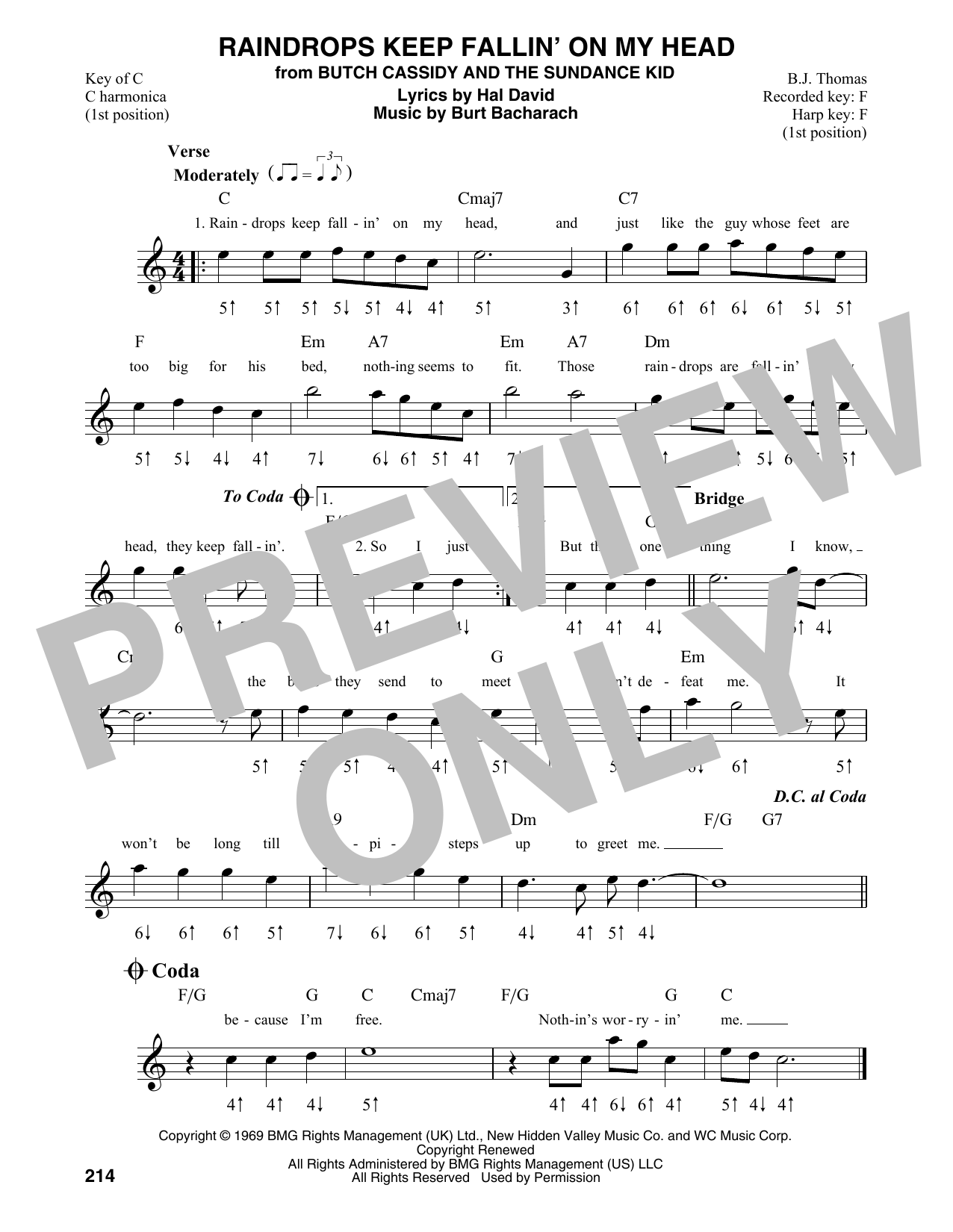 B.J. Thomas Raindrops Keep Fallin' On My Head sheet music notes and chords. Download Printable PDF.