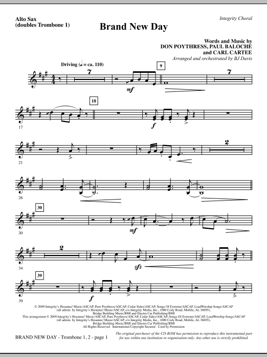 Learn to play BJ Davis Brand New Day - Alto Sax (Trombone 1 Sub) sheet music for Choir Instrumental Pak in minutes. BJ Davis Brand New Day - Alto Sax (Trombone 1 Sub) sheet music notes and chords. Download Printable PDF.