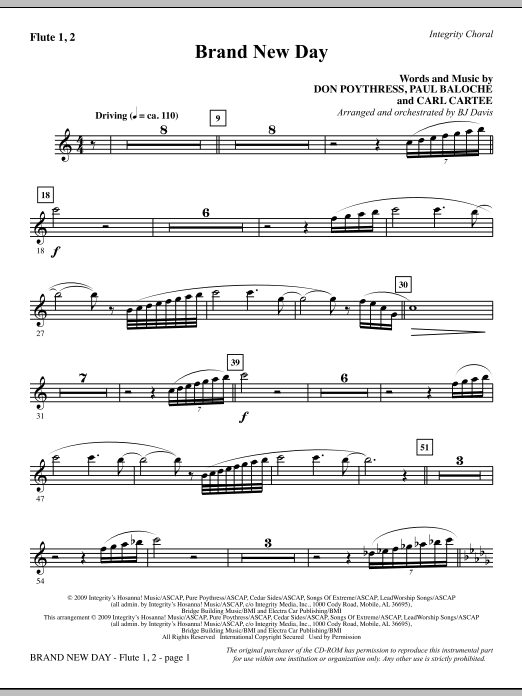 Learn to play BJ Davis Brand New Day - Flute 1 & 2 sheet music for Choir Instrumental Pak in minutes. BJ Davis Brand New Day - Flute 1 & 2 sheet music notes and chords. Download Printable PDF.