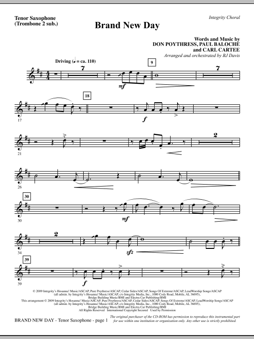 Learn to play BJ Davis Brand New Day - Tenor Sax (Trombone 2 sub) sheet music for Choir Instrumental Pak in minutes. BJ Davis Brand New Day - Tenor Sax (Trombone 2 sub) sheet music notes and chords. Download Printable PDF.