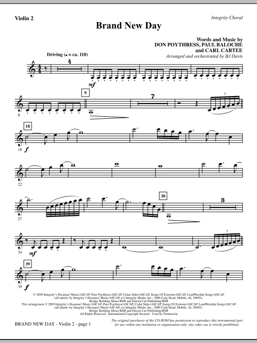 Learn to play BJ Davis Brand New Day - Violin 2 sheet music for Choir Instrumental Pak in minutes. BJ Davis Brand New Day - Violin 2 sheet music notes and chords. Download Printable PDF.
