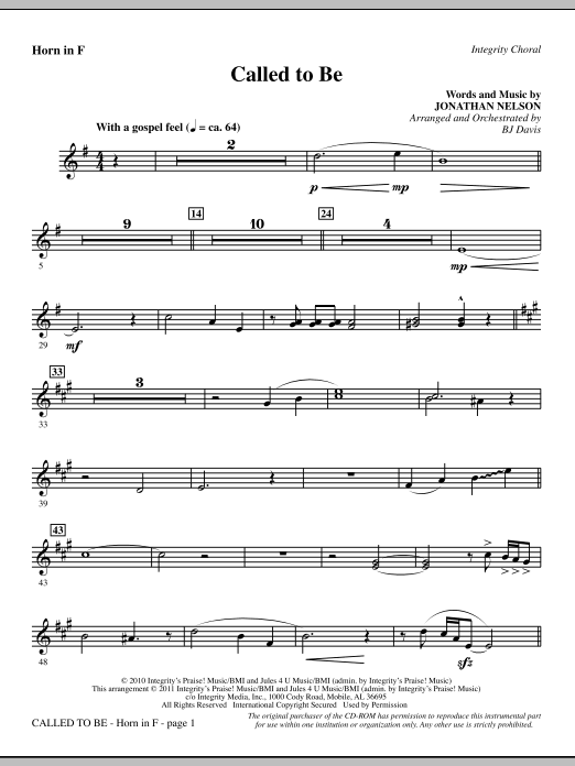 Bj Davis Called To Be F Horn Sheet Music Pdf Notes Chords Contemporary Score Choir Instrumental Pak Download Printable Sku