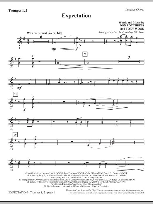 Learn to play BJ Davis Expectation - Bb Trumpet 1,2 sheet music for Choir Instrumental Pak in minutes. BJ Davis Expectation - Bb Trumpet 1,2 sheet music notes and chords. Download Printable PDF.