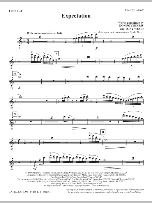 Learn to play BJ Davis Expectation - Flute 1 & 2 sheet music for Choir Instrumental Pak in minutes. BJ Davis Expectation - Flute 1 & 2 sheet music notes and chords. Download Printable PDF.