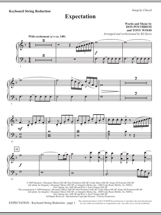 Learn to play BJ Davis Expectation - Keyboard String Reduction sheet music for Choir Instrumental Pak in minutes. BJ Davis Expectation - Keyboard String Reduction sheet music notes and chords. Download Printable PDF.