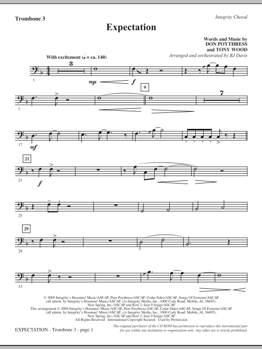 Learn to play BJ Davis Expectation - Trombone 3 sheet music for Choir Instrumental Pak in minutes. BJ Davis Expectation - Trombone 3 sheet music notes and chords. Download Printable PDF.