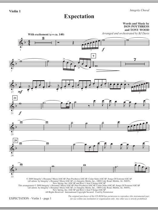 Learn to play BJ Davis Expectation - Violin 1 sheet music for Choir Instrumental Pak in minutes. BJ Davis Expectation - Violin 1 sheet music notes and chords. Download Printable PDF.