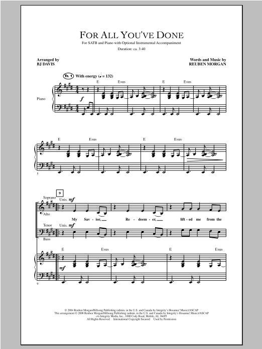 Learn to play BJ Davis For All You've Done sheet music for SATB Choir in minutes. BJ Davis For All You've Done sheet music notes and chords. Download Printable PDF.