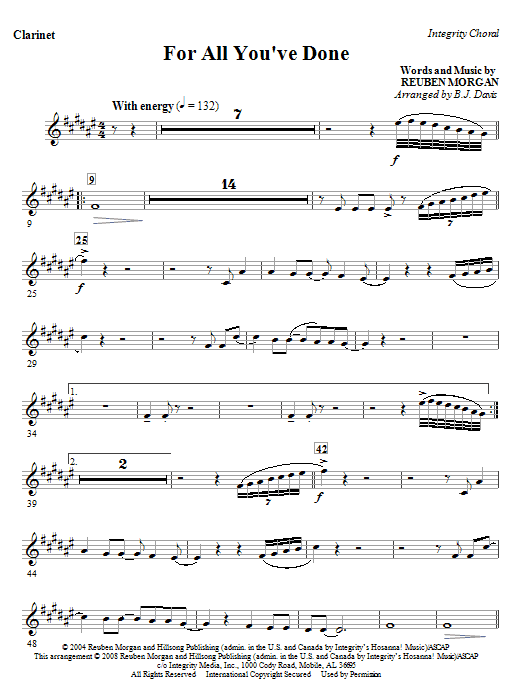 Learn to play BJ Davis For All You've Done - Clarinet sheet music for Choir Instrumental Pak in minutes. BJ Davis For All You've Done - Clarinet sheet music notes and chords. Download Printable PDF.