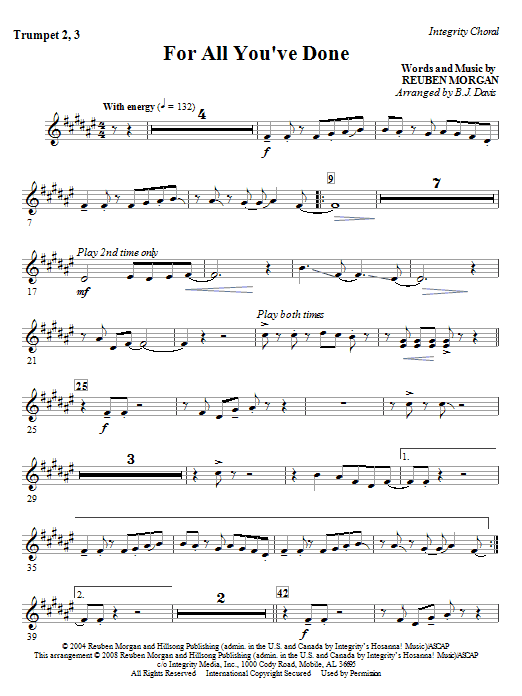 Learn to play BJ Davis For All You've Done - Trumpet 2 & 3 sheet music for Choir Instrumental Pak in minutes. BJ Davis For All You've Done - Trumpet 2 & 3 sheet music notes and chords. Download Printable PDF.